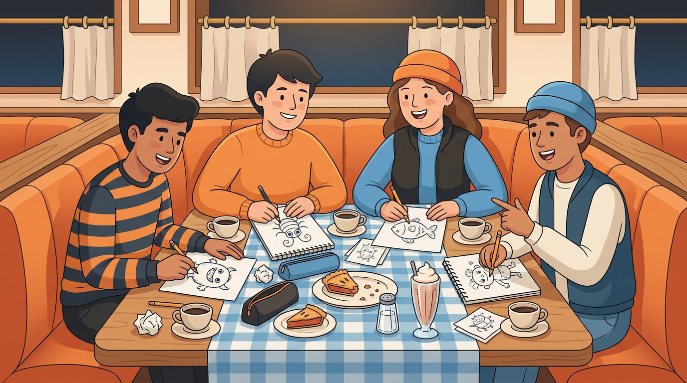 Stylized illustration of four animators at a diner table sketching movie ideas on paper napkins.